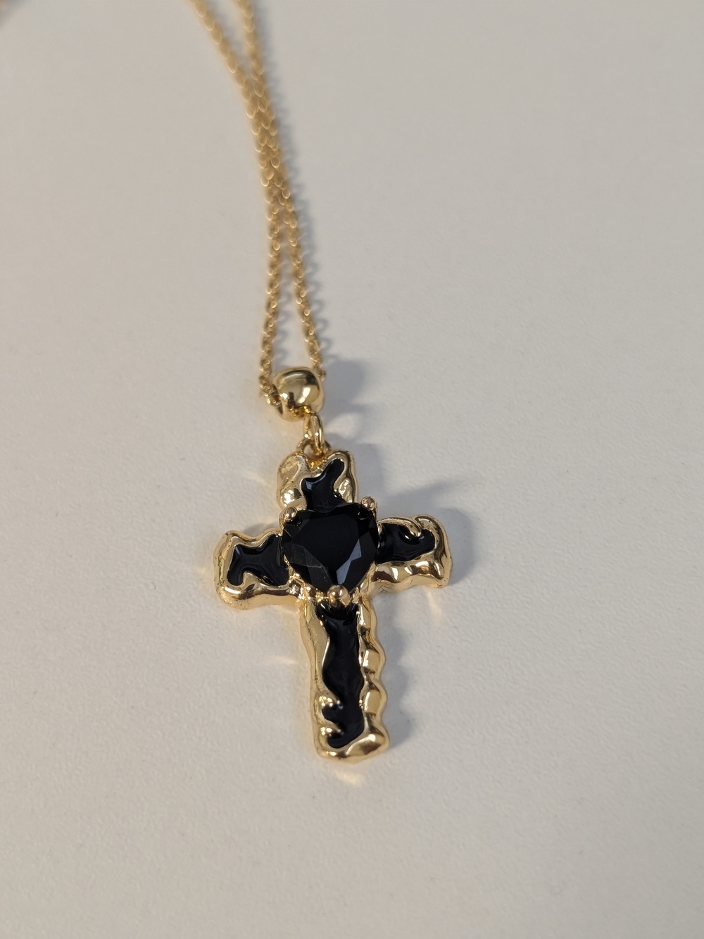 Gold Plated Cross Pendant Necklace with Black Stone Accent